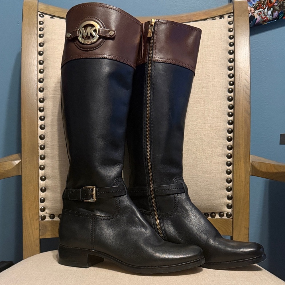 Michael Kors Stockard Two-Toned Leather Riding Boots, Size 7
